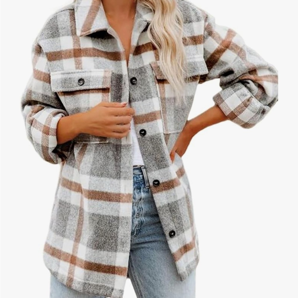 Plaid Button-Up Shacket in Gray and Brown